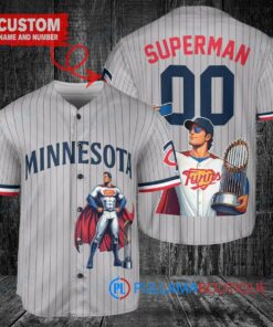 Minnesota Twins x Superman DC Comics with Trophy Custom Baseball Jersey Gray Road