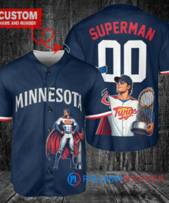 Minnesota Twins x Superman DC Comics with Trophy Custom Baseball Jersey Navy