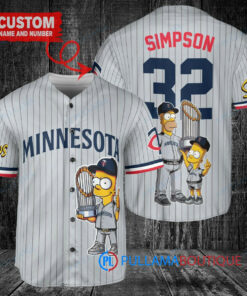 Minnesota Twins x The Simpsons Bart Simpson, Homer Simpson, Lisa Simpson with Trophy Custom Baseball Jersey Gray Road