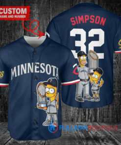 Minnesota Twins x The Simpsons Bart Simpson, Homer Simpson, Lisa Simpson with Trophy Custom Baseball Jersey Navy