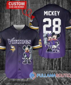 Minnesota Vikings x Mickey and Minnie with Trophy Custom Baseball Jersey Purple Black