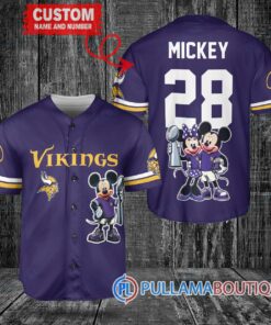 Minnesota Vikings x Mickey and Minnie with Trophy Custom Baseball Jersey Purple