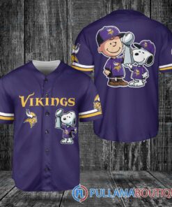 Minnesota Vikings x Snoopy and Charlie Brown with Trophy Baseball Jersey Purple