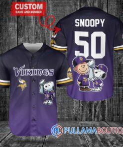 Minnesota Vikings x Snoopy and Charlie Brown with Trophy Custom Baseball Jersey Purple Black