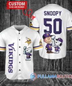 Minnesota Vikings x Snoopy and Charlie Brown with Trophy Custom Baseball Jersey White