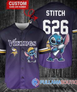 Minnesota Vikings x Stitch with Trophy Custom Baseball Jersey Purple Black