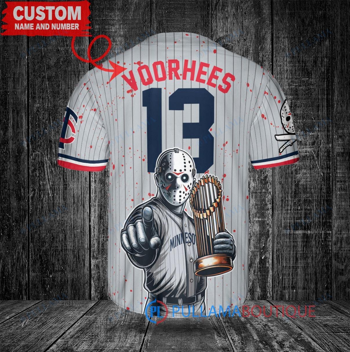 Cincinnati Reds x Friday the 13th Jason Voorhees Halloween with World Series Trophy Custom Baseball Jersey Gray