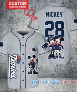 New England Patriots x Mickey and Minnie with Trophy Custom Baseball Jersey Gray