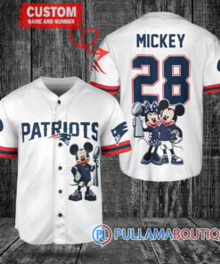 New England Patriots x Mickey and Minnie with Trophy Custom Baseball Jersey White