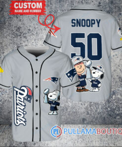 New England Patriots x Snoopy and Charlie Brown with Trophy Custom Baseball Jersey Gray