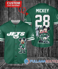 New York Jets x Mickey and Minnie with Trophy Custom Baseball Jersey Green