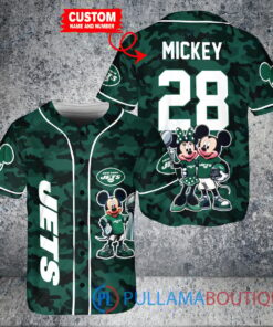 New York Jets x Mickey and Minnie with Trophy Custom Baseball Jersey Green Military