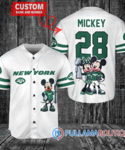 New York Jets x Mickey and Minnie with Trophy Custom Baseball Jersey White