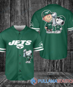 New York Jets x Snoopy and Charlie Brown with Trophy Baseball Jersey Green