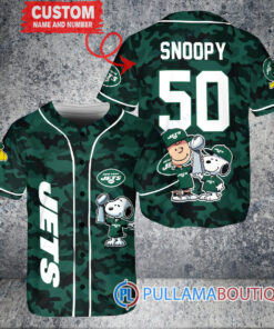 New York Jets x Snoopy and Charlie Brown with Trophy Custom Baseball Jersey Green Military