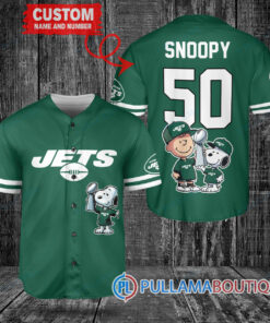 New York Jets x Snoopy and Charlie Brown with Trophy Custom Baseball Jersey Green