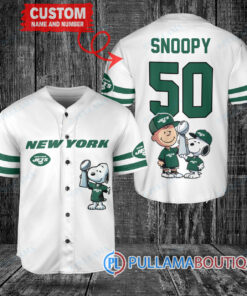 New York Jets x Snoopy and Charlie Brown with Trophy Custom Baseball Jersey White