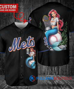 New York Mets x Ariel Mermaid with Trophy Custom Baseball Jersey Black