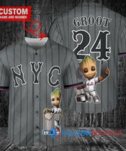 New York Mets x Baby Groot Marvel Guardians Of The Galaxy with Trophy Custom Baseball Jersey Graphite City Connect