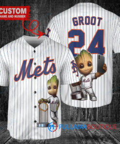 New York Mets x Baby Groot Marvel Guardians Of The Galaxy with Trophy Custom Baseball Jersey White