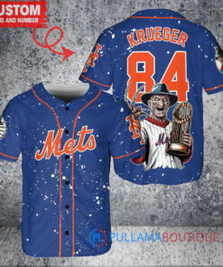 New York Mets x Freddy Krueger A Nightmare on Elm Street Halloween with World Series Trophy Custom Baseball Jersey Royal