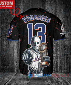 New York Mets x Friday the 13th Jason Voorhees Halloween with World Series Trophy Custom Baseball Jersey Black