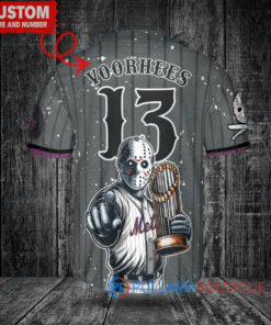 New York Mets x Friday the 13th Jason Voorhees Halloween with World Series Trophy Custom Baseball Jersey Graphite City Connect