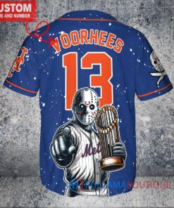 New York Mets x Friday the 13th Jason Voorhees Halloween with World Series Trophy Custom Baseball Jersey Royal