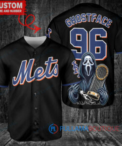 New York Mets x Ghostface Scream Halloween Halloween with World Series Trophy Custom Baseball Jersey Black