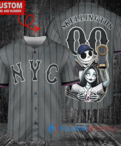 New York Mets x Jack Skellington and Sally The Nightmare Before Christmas with World Series Trophy Custom Baseball Jersey Graphite City Connect