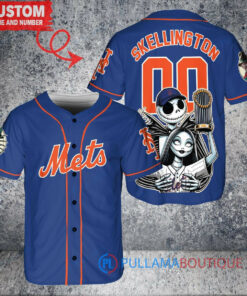 New York Mets x Jack Skellington and Sally The Nightmare Before Christmas with World Series Trophy Custom Baseball Jersey Royal