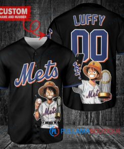 New York Mets x Luffy One Piece with Trophy Custom Baseball Jersey Black