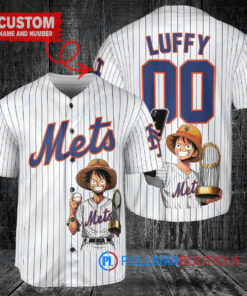 New York Mets x Luffy One Piece with Trophy Custom Baseball Jersey White