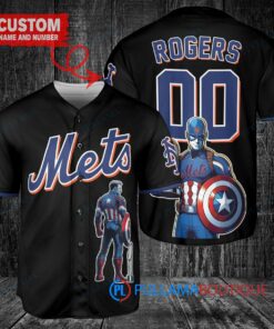 New York Mets x Marvel Captain America Steve Rogers with Trophy Custom Baseball Jersey Black