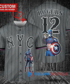 New York Mets x Marvel Captain America Steve Rogers with Trophy Custom Baseball Jersey Graphite City Connect