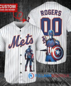 New York Mets x Marvel Captain America Steve Rogers with Trophy Custom Baseball Jersey White