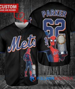 New York Mets x Marvel Spiderman with Trophy Custom Baseball Jersey Black