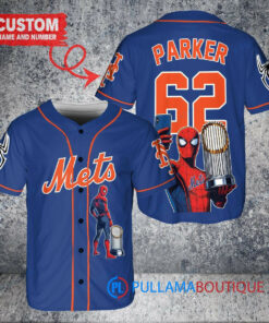 New York Mets x Marvel Spiderman with Trophy Custom Baseball Jersey Royal