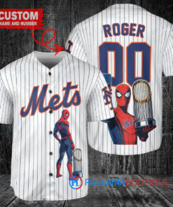 New York Mets x Marvel Spiderman with Trophy Custom Baseball Jersey White