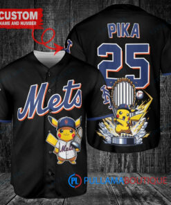 New York Mets x Pikachu Pokemon with Trophy Custom Baseball Jersey Black