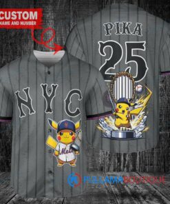 New York Mets x Pikachu Pokemon with Trophy Custom Baseball Jersey Graphite City Connect