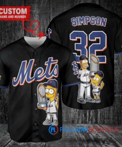 New York Mets x The Simpsons Bart Simpson, Homer Simpson, Lisa Simpson with Trophy Custom Baseball Jersey Black