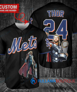 New York Mets x Thor Marvel with Trophy Custom Baseball Jersey Black