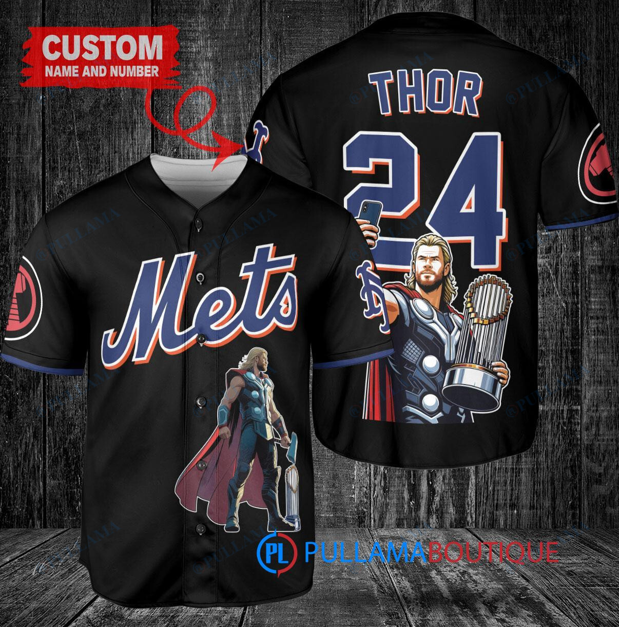 New York Mets x Thor Marvel with Trophy Custom Baseball Jersey Graphite City Connect