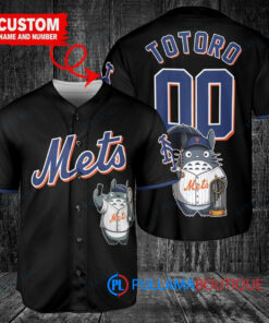 New York Mets x Totoro Studio Ghibli with Trophy Custom Baseball Jersey Black