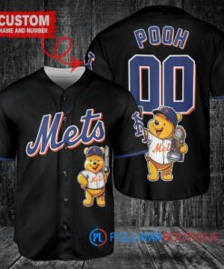 New York Mets x Winnie the Pooh with Trophy Custom Baseball Jersey Black