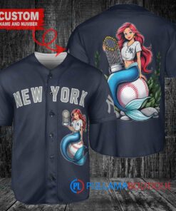 New York Yankees x Ariel Mermaid with Trophy Custom Baseball Jersey Navy