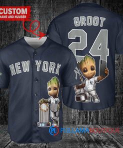 New York Yankees x Baby Groot Marvel Guardians Of The Galaxy with Trophy Custom Baseball Jersey Navy