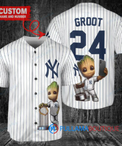 New York Yankees x Baby Groot Marvel Guardians Of The Galaxy with Trophy Custom Baseball Jersey White