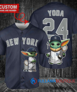 New York Yankees x Baby Yoda Star Wars The Mandalorian with Trophy Custom Baseball Jersey Navy